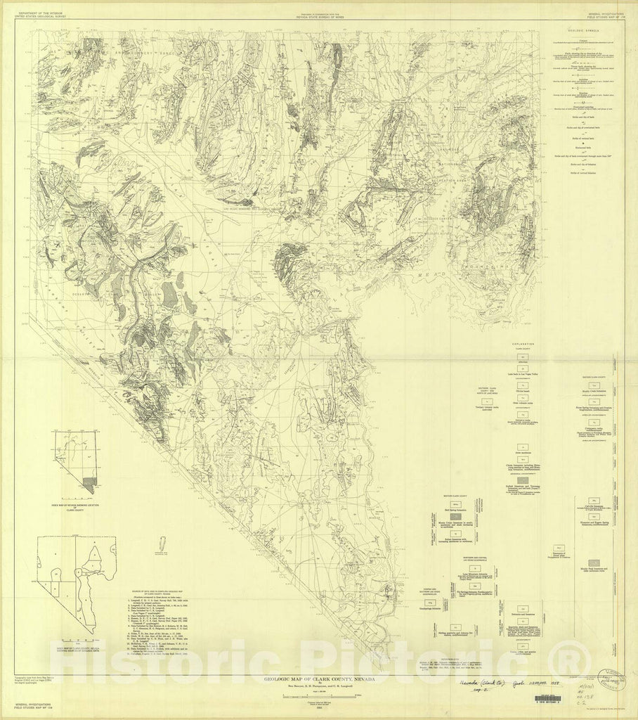 Historic Pictoric Map : Geologic map of Clark County, Nevada, 1958 Cartography Wall Art : 32in x 36in - Wide World Maps & MORE!