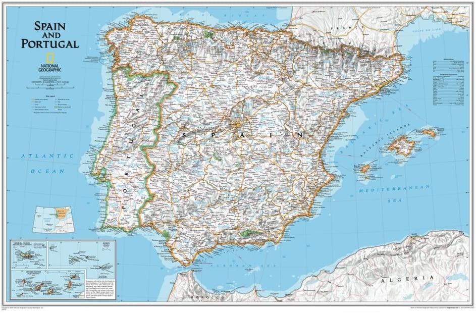 National Geographic - Spain & Portugal Classic Map Satin Laminated 33 × 22in - Wide World Maps & MORE!