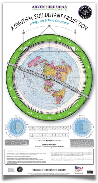 Azimuthal Equidistant Projection of the World - Both Dial Arms And Instructions (Flat Earth Map) Ready-to-Hang - Wide World Maps & MORE!
