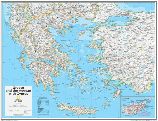 Greece and The Aegean with Cyprus National Geographic Wall Map - 28 × 22 inches - Wide World Maps & MORE!